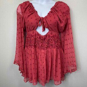 Free People Beaded Short Mini Dress Women Large Red Embroidered Pom Poms Smocked